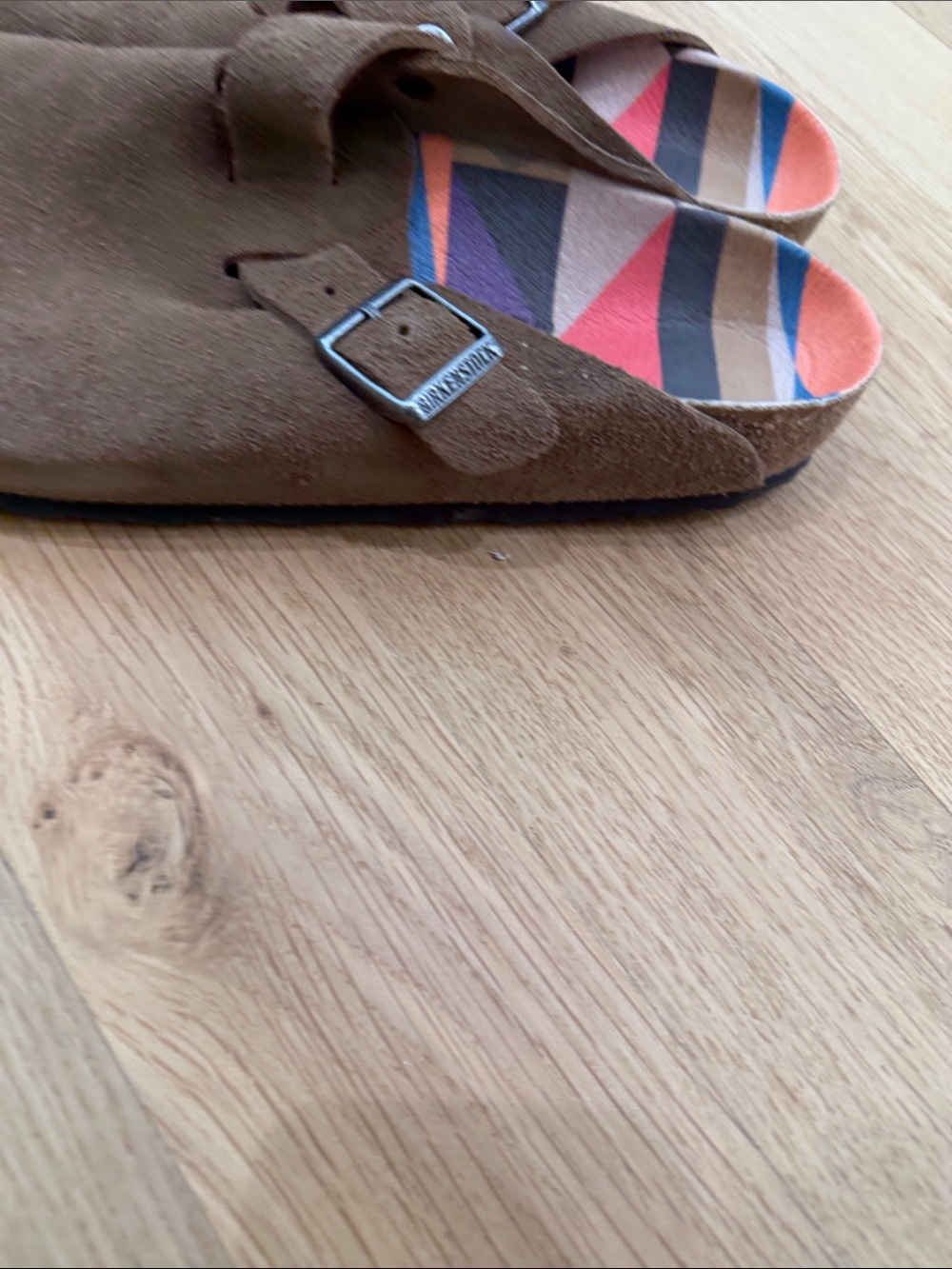 Birkenstock Brown Suede Clogs with Colorful Geometric Insole - Picture 2 of 5